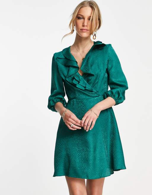 River Island frill front mini dress in green ASOS