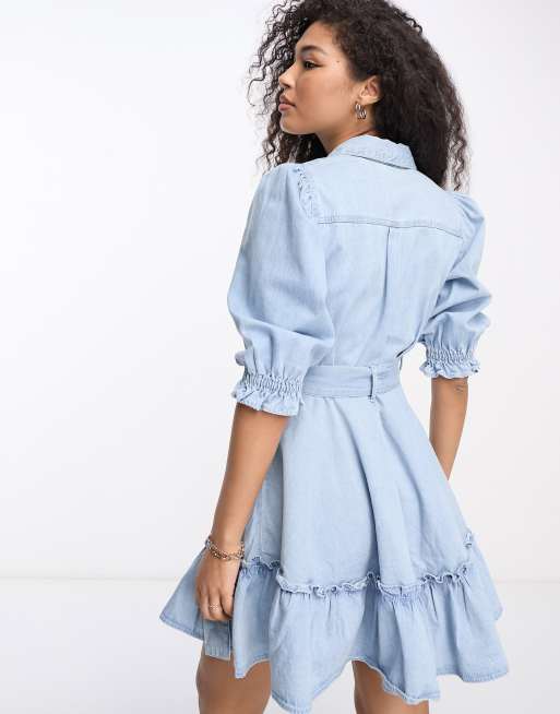 Frill belted 2025 denim dress