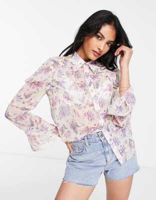 River Island frill hem chiffon shirt in light pink floral