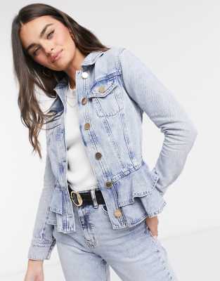 River Island frill hem denim jacket in light blue ASOS