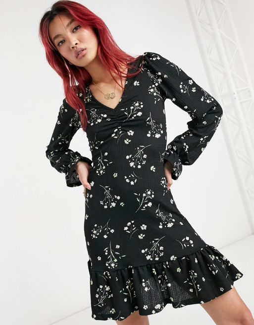 River Island frill hem floral mini dress in black | ASOS