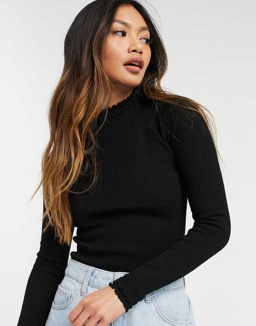 River Island frill neck lightweight jumper in black | ASOS