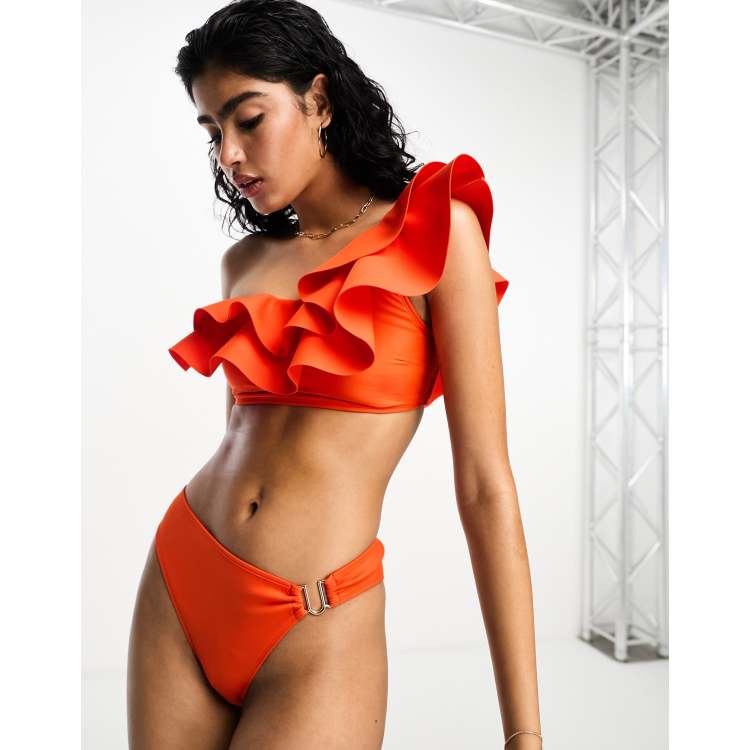 River Island frill one shoulder bandeau bikini top in red | ASOS