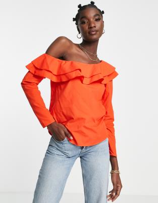 River Island Frill One Shoulder Blouse In Red