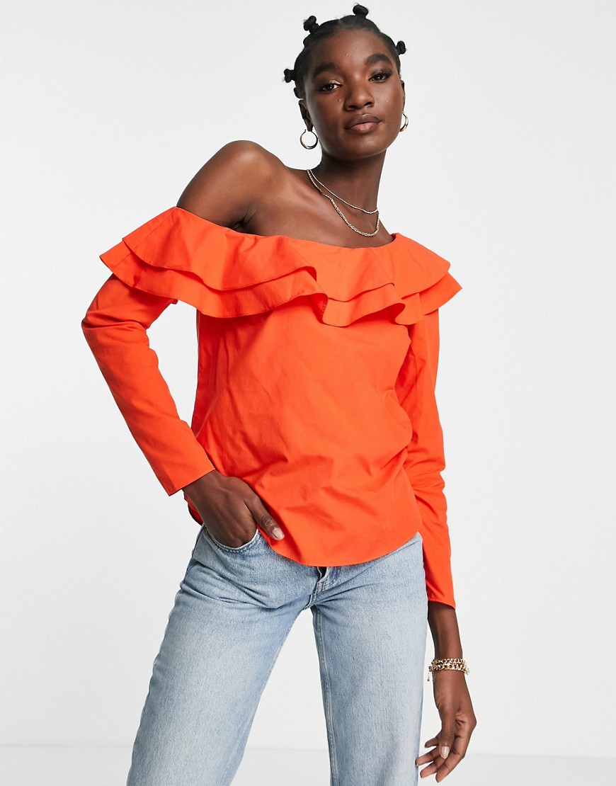River Island frill one shoulder blouse in red