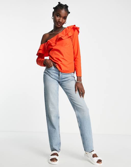 River Island frill one shoulder blouse in red ASOS