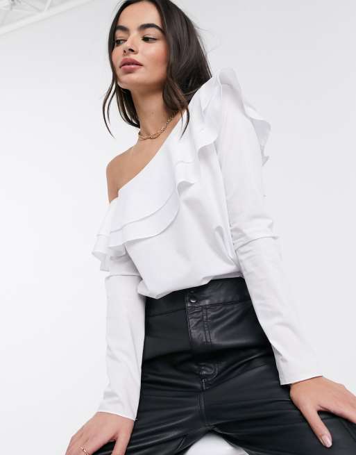 White one shoulder store ruffle top