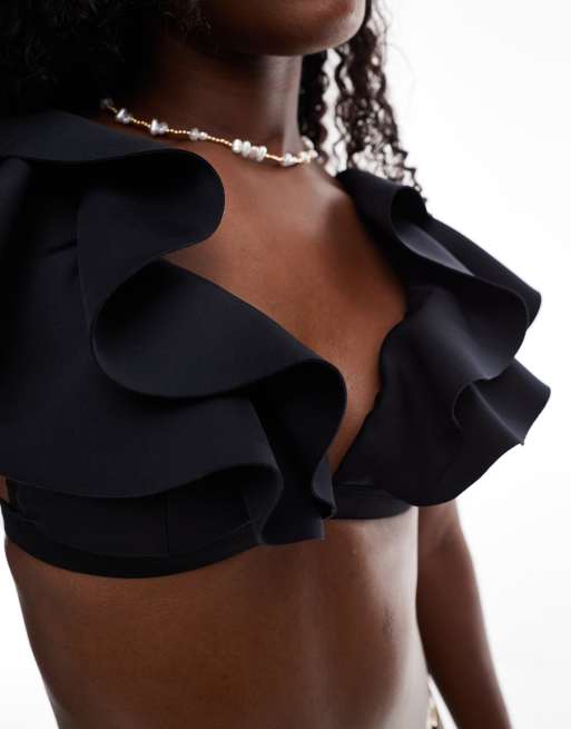 River Island frill plunge bikini top in black, 2 of 4