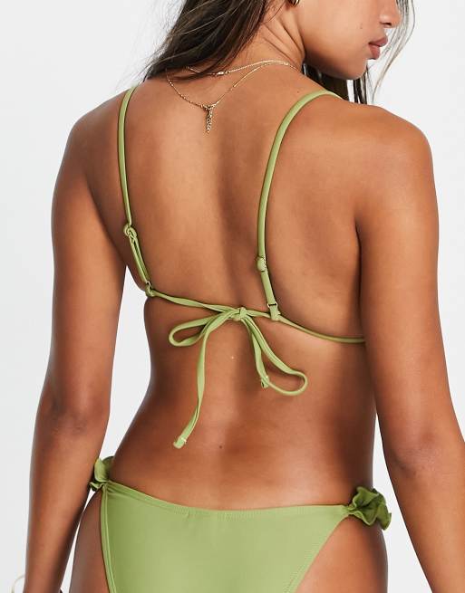 River Island frill side bikini bottom in khaki, 2 of 4