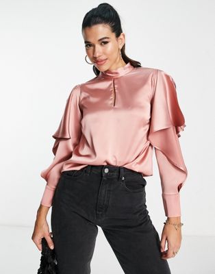 River Island frill sleeve satin blouse in pink | ASOS