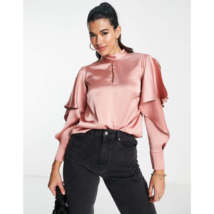 RIVER ISLAND FRILL SLEEVE SATIN BLOUSE IN PINK | ASOS