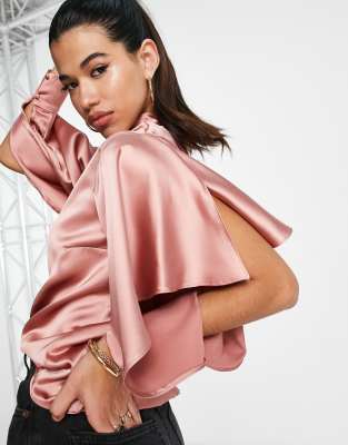 RIVER ISLAND FRILL SLEEVE SATIN BLOUSE IN PINK