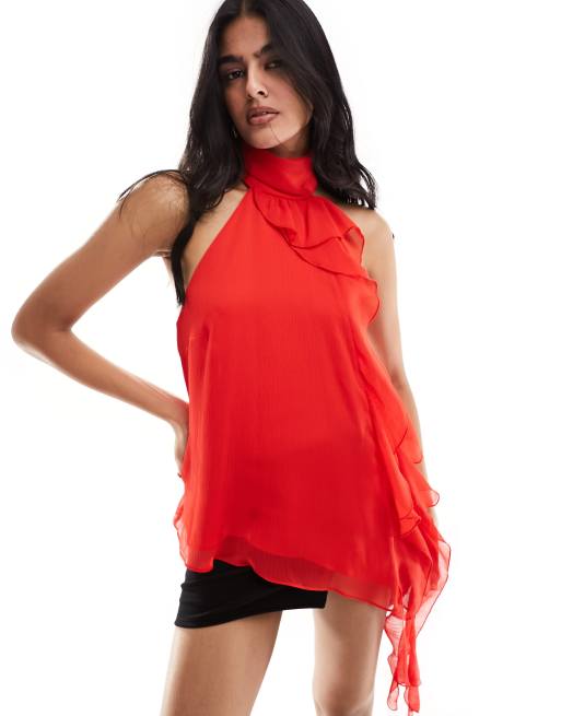 River Island Frill sleeveless blouse in red