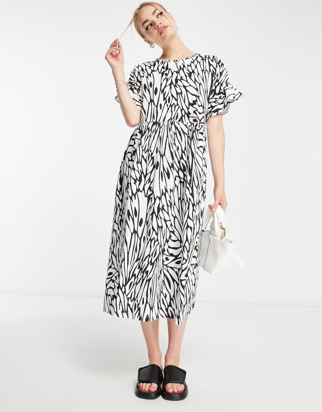 River Island frill smock midi dress in black and white print