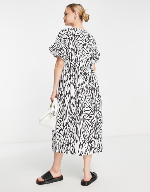 River Island frill smock midi dress in black and white print, 2 of 4