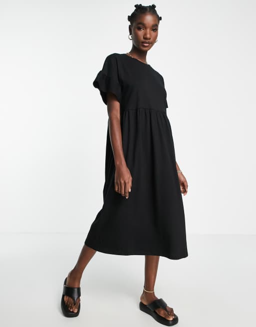 River Island frill smock midi dress in black | ASOS