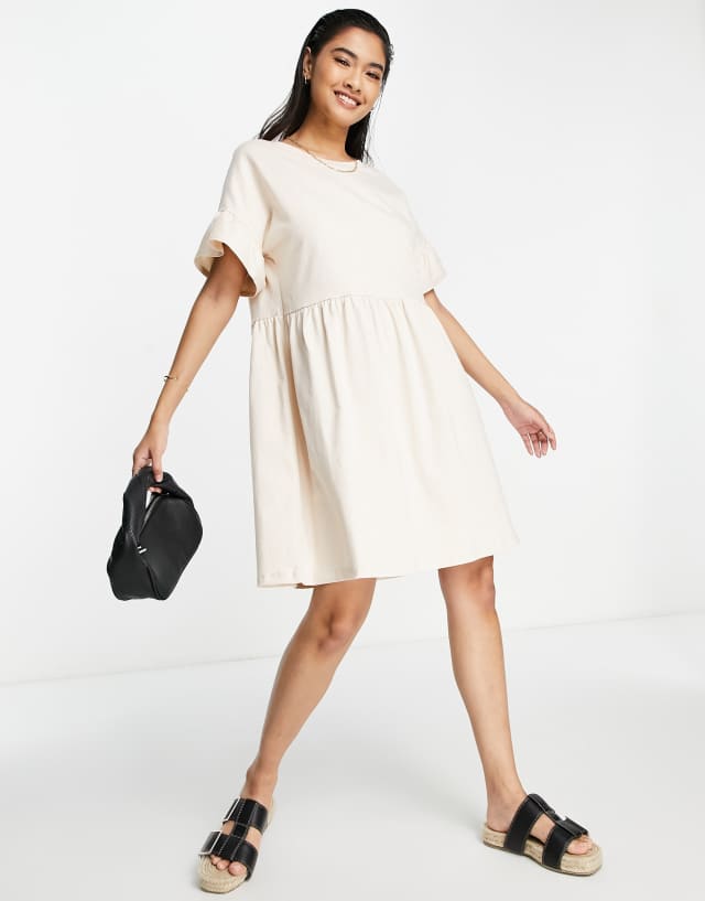 River Island frill smock mini dress in light beige