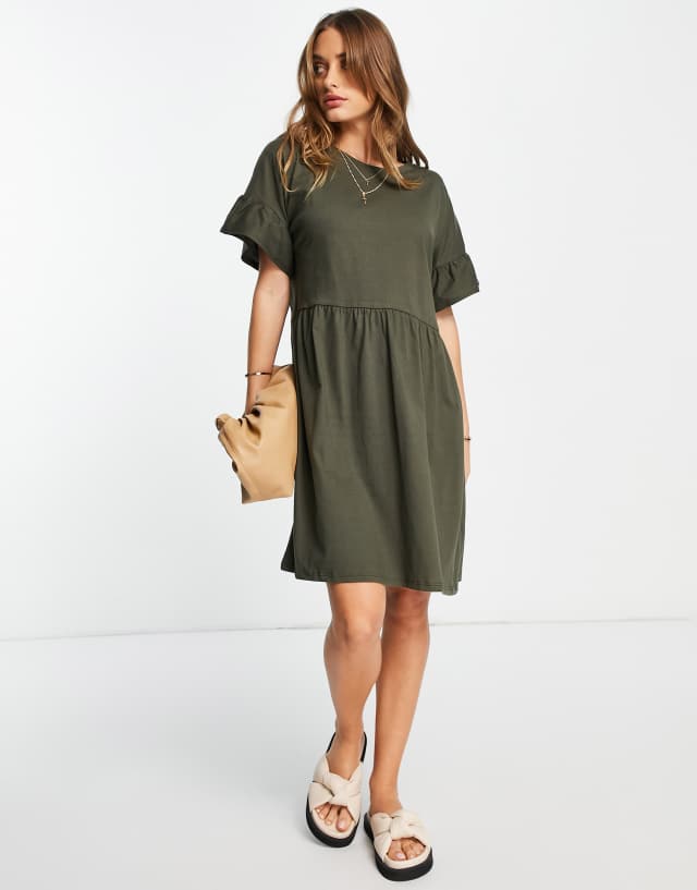 River Island frill smock t-shirt mini dress in khaki