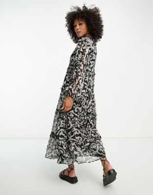 River Island frill tiered paisley midi dress in black