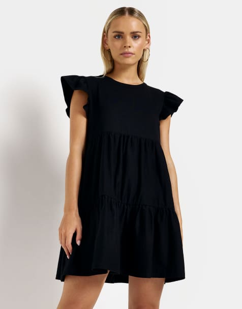 River Island frill tiered smock mini dress in black - view 1