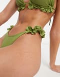 [River Island] River Island frill trim tie side bikini bottoms in khaki-Green 18 GREEN