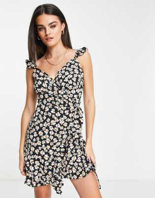 River Island frill wrap tie mini dress in black - ASOS Price Checker