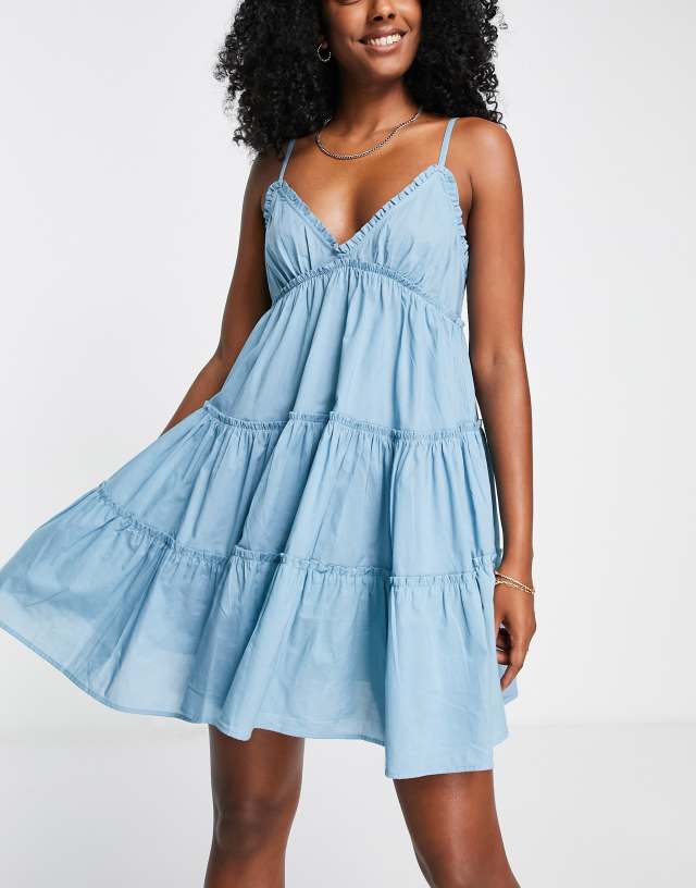 River Island frilled mini beach dress in light blue