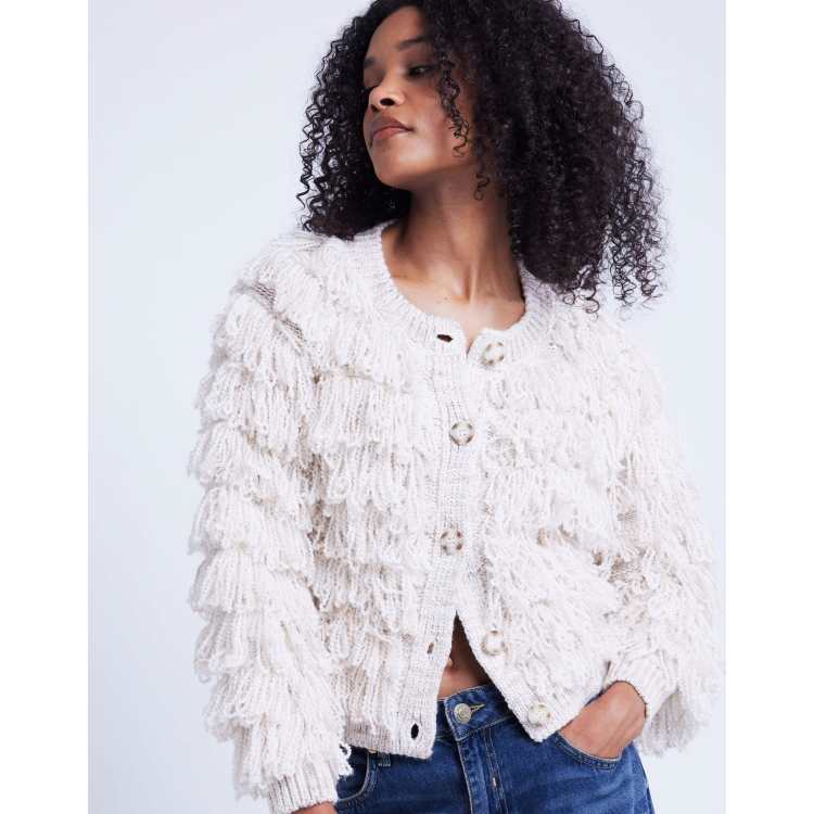 River Island Fringe button up cardigan in cream ASOS