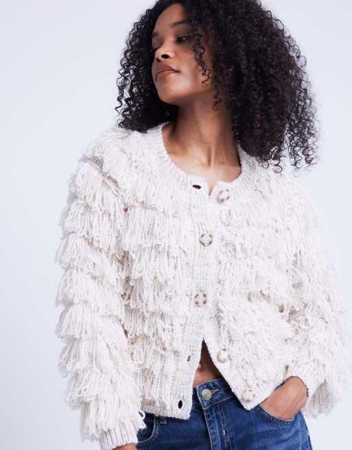 River Island Fringe button up cardigan in cream