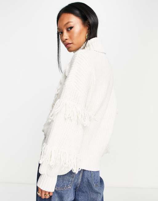 River Island fringe cable knit jumper in cream | ASOS
