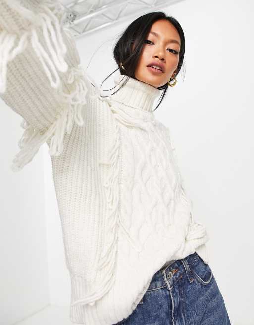 Cream Oversized Cable Knit Tassel Sweater