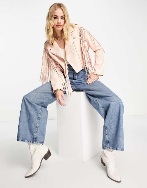 River Island fringe detail crop biker jacket in bright pink, 4 of 4