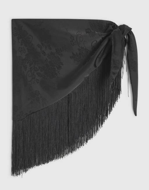 River Island Fringe jacquard hip scarf in black, 2 of 2