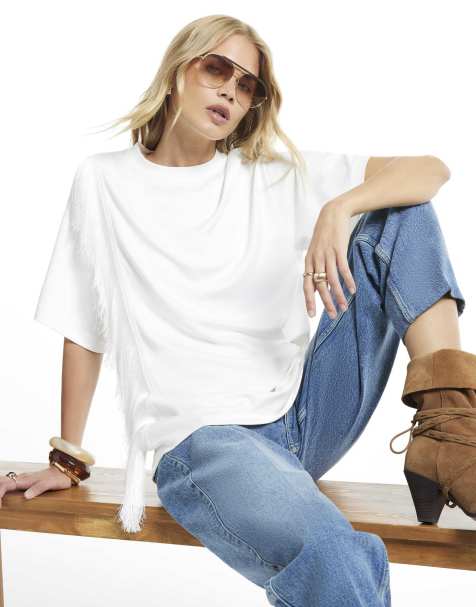 River Island Fringe shoulder t-shirt in white - view 1