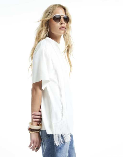 River Island Fringe shoulder t-shirt in white, 2 of 4