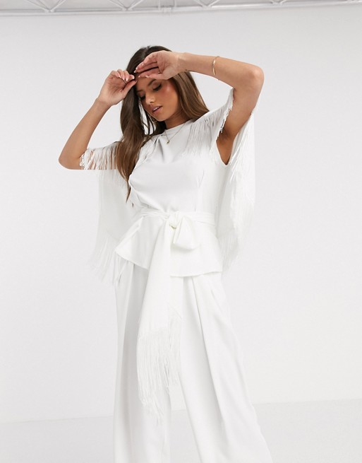 River Island fringed belted cape co-ord top in white