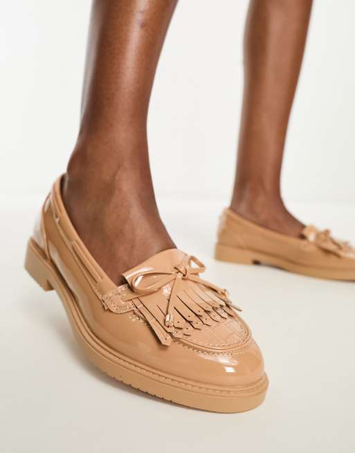 River Island fringed detail patent loafers in beige