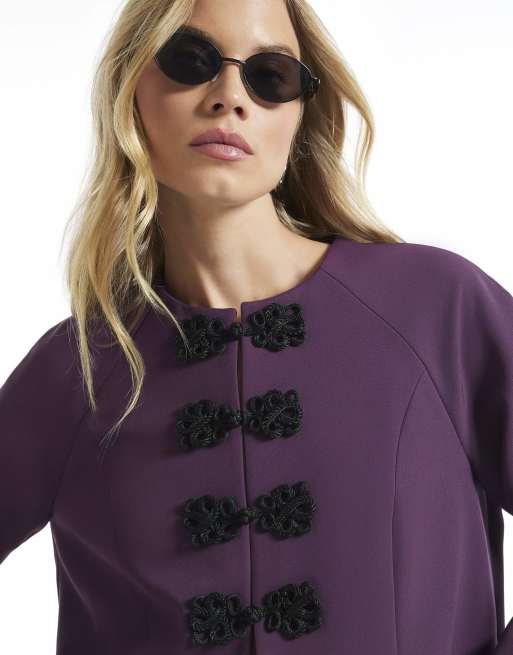 River Island Frog fastening trim jacket in purple, 3 of 4