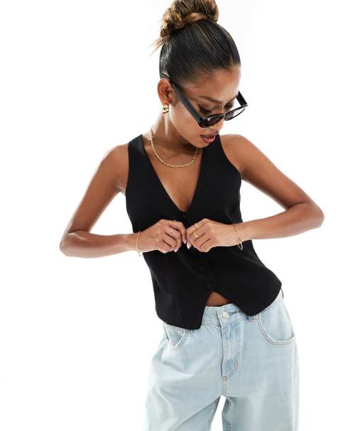 River Island front buttoned waistcoat in black - view 1