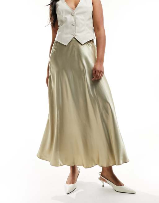 River Island full maxi satin slip skirt in dark beige
