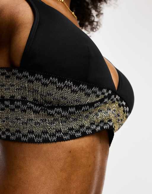 River Island fuller bust metallic elastic wrap detail plunge bikini top in black, 3 of 4