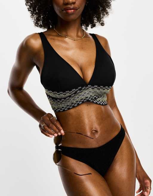 River Island fuller bust metallic elastic wrap detail plunge bikini top in black, 4 of 4