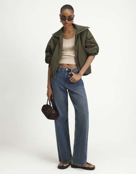 River Island Funnel neck bubble hem bomber jacket in khaki - view 1
