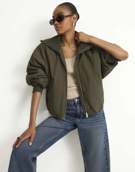 River Island Funnel neck bubble hem bomber jacket in khaki , 2 of 4