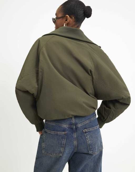 River Island Funnel neck bubble hem bomber jacket in khaki , 4 of 4