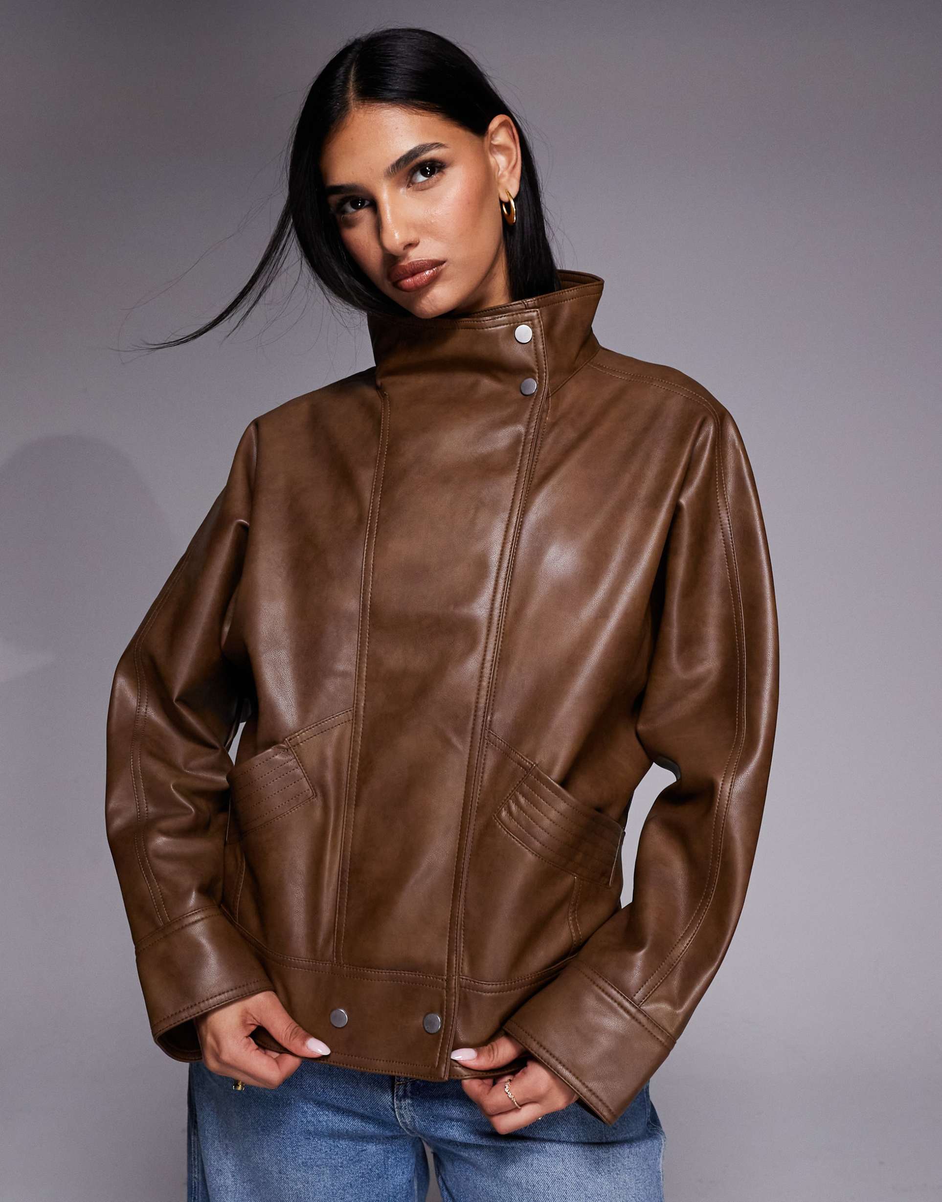 river island funnel neck distressed bomber jacket in brown