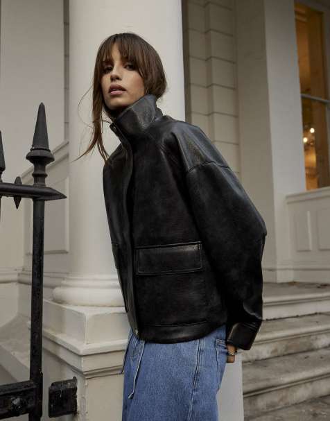 River Island Funnel neck faux leather bomber jacket in black