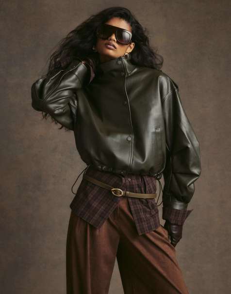 River Island Funnel neck ruched sleeve bomber jacket in green - view 1