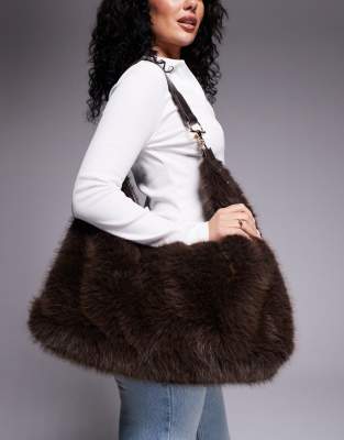 River Island Fur Effect Shoulder Bag In Brown