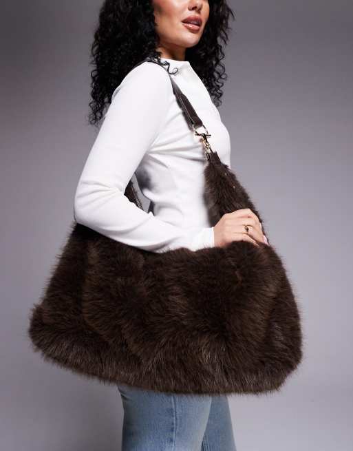 River Island fur effect shoulder bag in brown